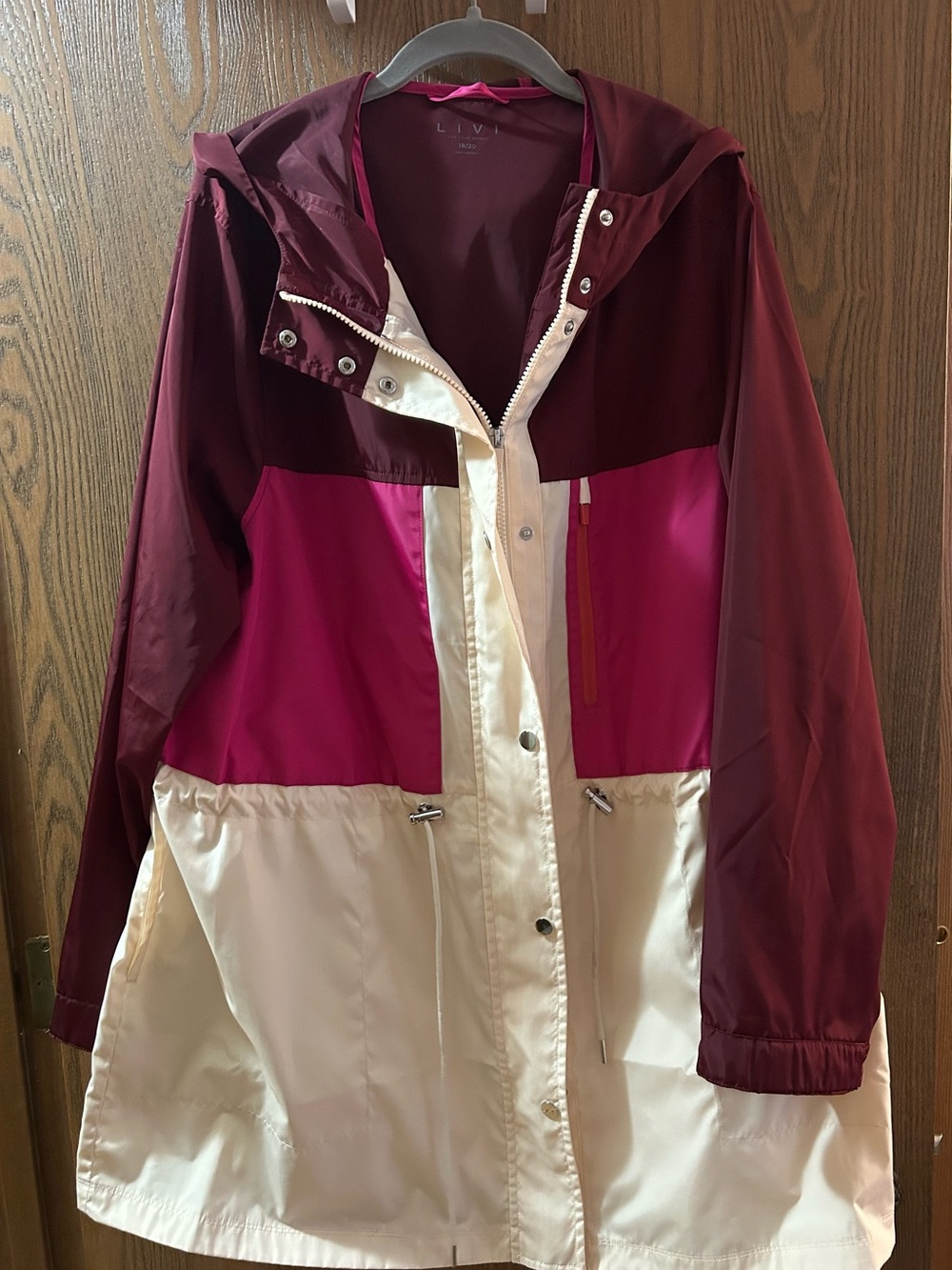 Lane Bryant Colorblock Hooded Rain Coat in Burgundy, Fuchsia & Cream